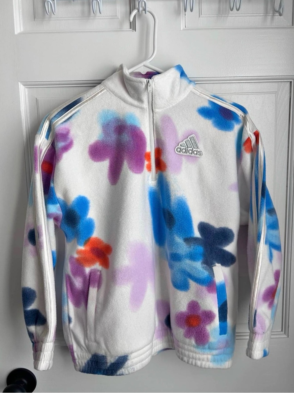 adidas White Floral Fleece Jacket with Blue, Purple & Orange Accents
